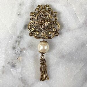 Vintage Gold Tone Filigree Faux Pearl Tassel Brooch